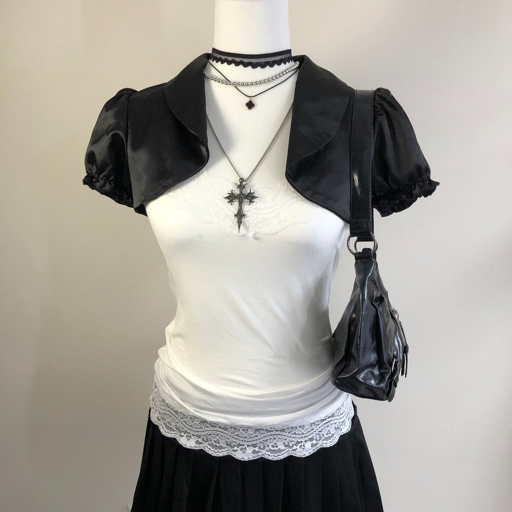 Vintage Black Satin Bolero Shrug - Women's Short Sleeve Cover-Up